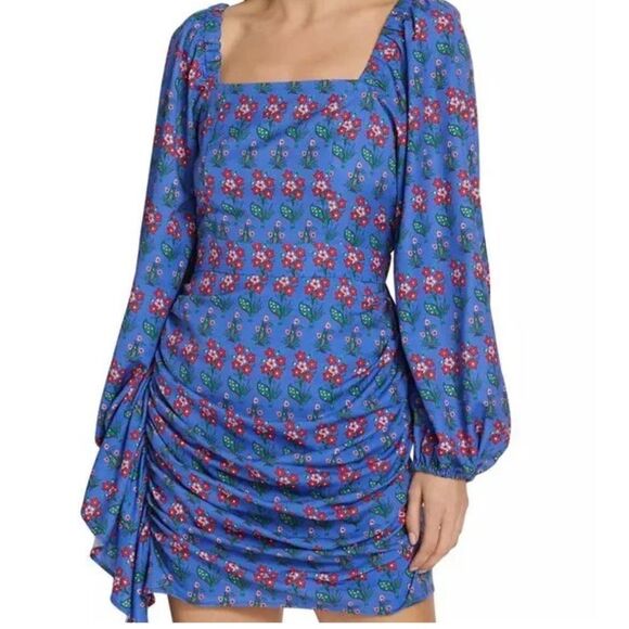 New Rhode Mina Draped Floral-Print Crepe de Chine Mini Dress Blue Small - Picture 1 of 14